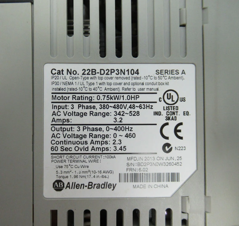 ALLEN BRADLEY 22B-D2P3N104 ( 0,75KW 220VAC SÜRÜCÜ POWER FLEX40 )